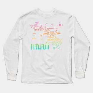 Hawaii Illustrated Map Rainbow Color Long Sleeve T-Shirt